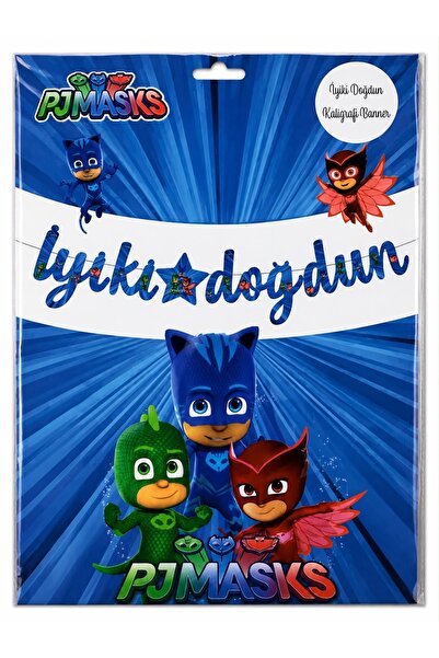 BG Pj Masks Themed Blue Happy Birthday Written Calligraphy Banner