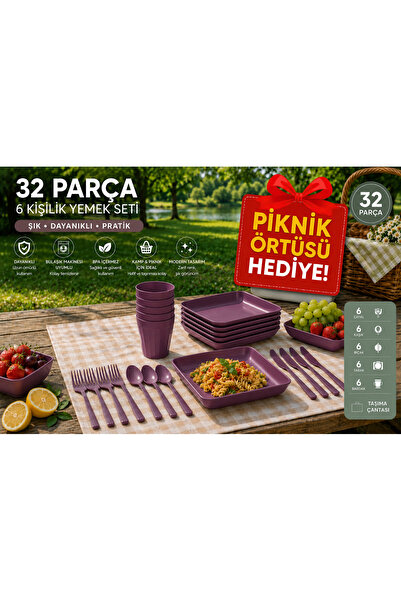 Koseva 32 Parça 6 Kişilik Mürdüm Rengi Piknik Seti Piknik Örtüsü Hediyeli
