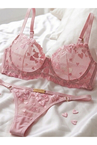 FeraShowroom Underwire Heart Patterned Bra Set Transparent