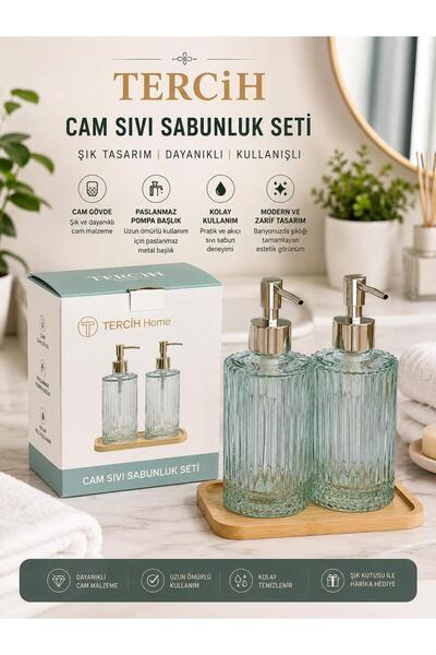 Tercih Home 2-Piece Glass Liquid Soap Dispenser with Wooden Stand Dishwashing...