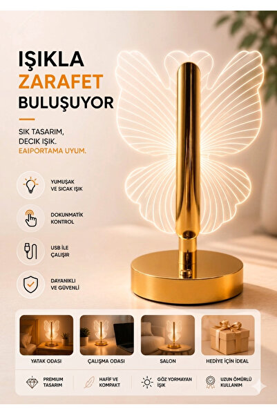 KdrElektronik Gold Tasarım LED Lamba Dokunmatik 3 Kademeli Gece Lambası, Çalı...