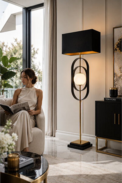 Vinner Luxury Pearl Floor Lamp Siyah-Gold Alabaster Küreli Premium Lambader
