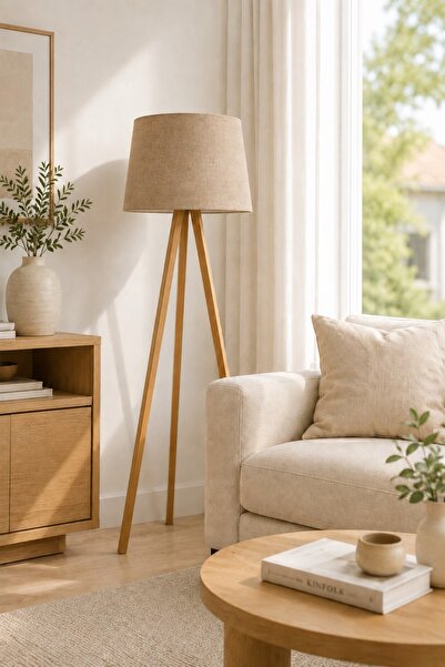MODA35 Ahşap Lambader Kumaş Bej Başlık L102