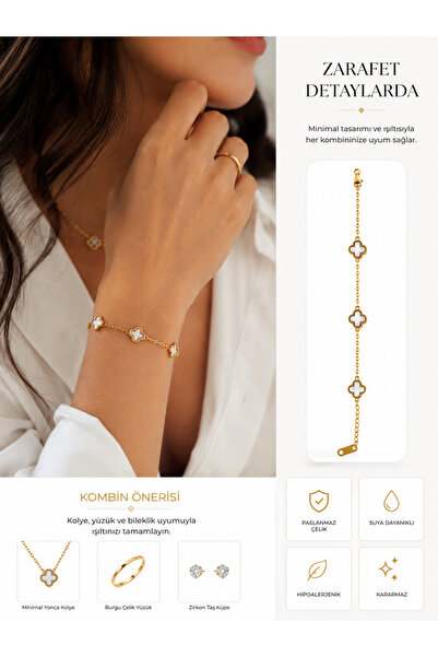 kasımoğulları concept Stainless Steel Clover Detailed White Enamel Gold Color...