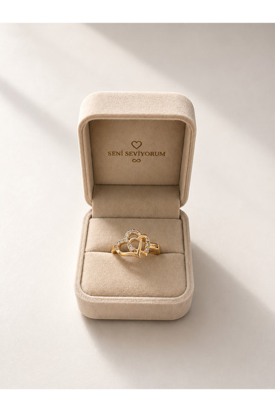Lilith Takı Elegant Double Heart Stone Detailed Gold Color Women's Ring – Rom...