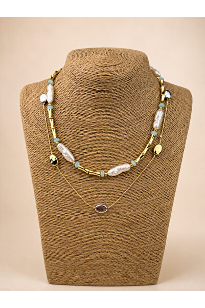 Takıtolia Calm Double Necklace Set Blue Pearl Tone Beaded Necklace and Long G...