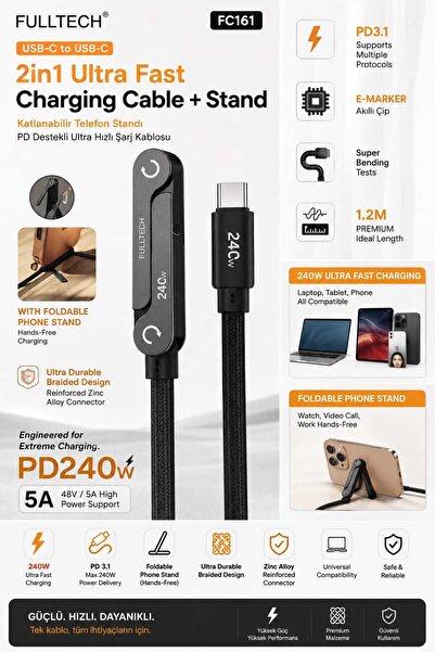 ikel elektro FULLTECH 240W USB-C Şarj Kablosu ve Telefon Standı | PD3.1 Süper...