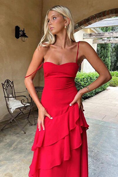 Miss Beyoğlu Women's Heart Neckline Thin Strap Ruffle Detailed Lined Maxi Len...