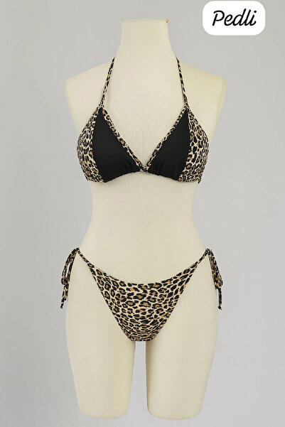 bnchic Kadın Siyah ve Leopar Detaylı Yandan Bağlamalı Bikini Takımı