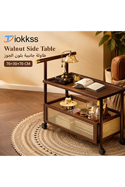 Tiokkss Walnut Rolling Side Table with Wheels, 2-Tier Mobile Storage Cart wit...
