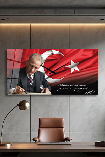 home dekors Duvar Saati Atatürk ve Türk Bayrağı Cam Tablo, Ev, Ofis, Kurum, H...