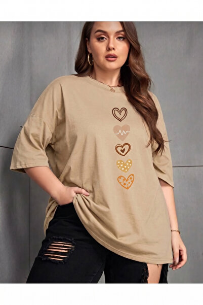 HEAVEN WEAR BEJ Palo Santo KADIN BÜYÜK BEDEN KALP BASKILI TSHİRT
