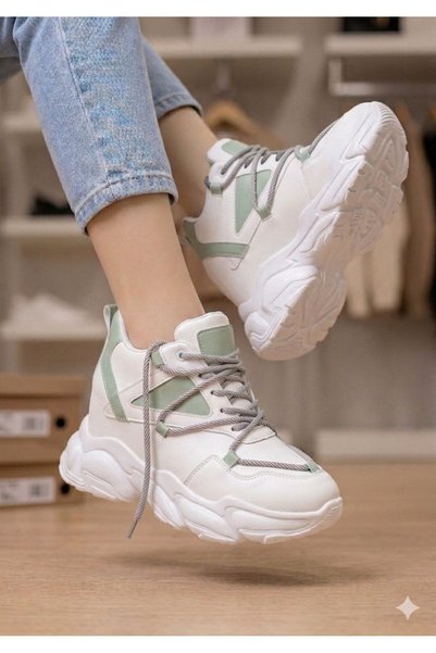 ELVI White and Aqua Green Wedge-Heeled Sneakers