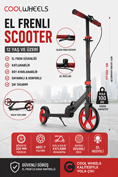 Cool Wheels 12+ Yaş Katlanabilir Çocuk Scooter – El Frenli Güvenlik Sistemi, ...
