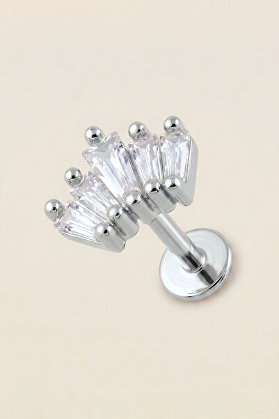 Hetra Gümüş Renkli Cerrahi Çelik Kavisli Taç Figürlü Flatback Piercing - Heli...