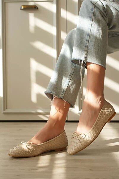 Leyan Butik Women's Beige Daily Print Detailed Round Toe Ballerina Shoes Tr23...