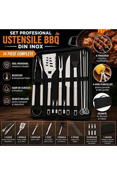 GALORWAY Set Profesional Ustensile BBQ din Inox cu Geantă de Transport, 14 Piese