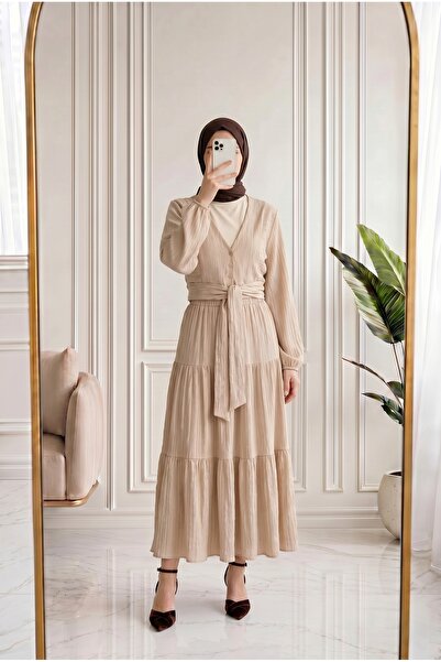 MİHRA STORE Melelle Tie-Front and Buttoned Sleeve Elastic Skirt Set-Ek593 Stone