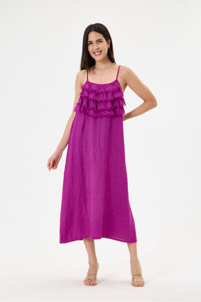 della moor Purple Italian 100% Linen Dress with Tassel Collar and Adjustable ...