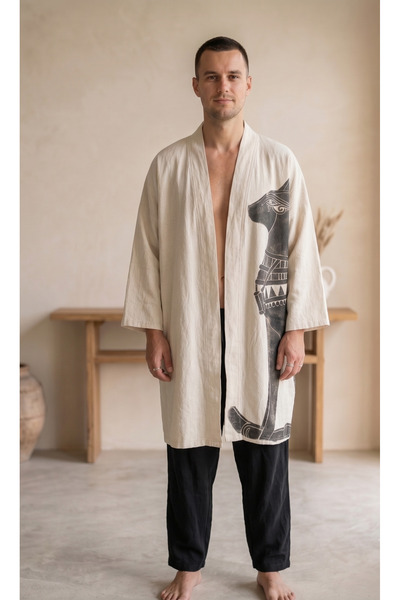 Oriandina Büyük Antik Mısır Kedi Baskılı El yapımı Unisex Keten Kimono Kaftan
