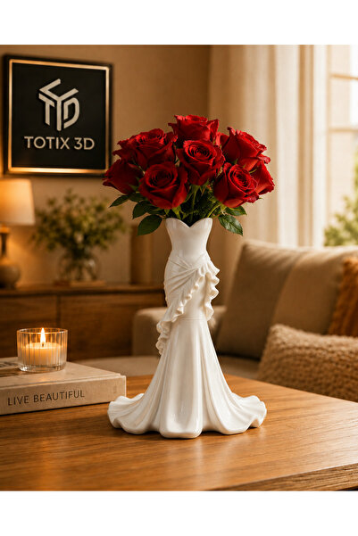 Totix 3D Gelinlik Formlu Dekoratif Vazo – Beyaz Masaüstü Çiçeklik ve Şık Deko...