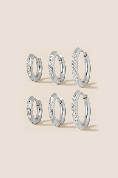 Hetra Silver Color Stone Steel 8-10-12 mm 6-Piece Hoop Earrings 2.50 mm