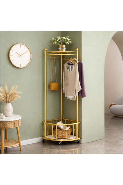 Vivendo Cuier de colt multifunctional cu roti,metalic, auriu, 40 x 40 x 160 cm