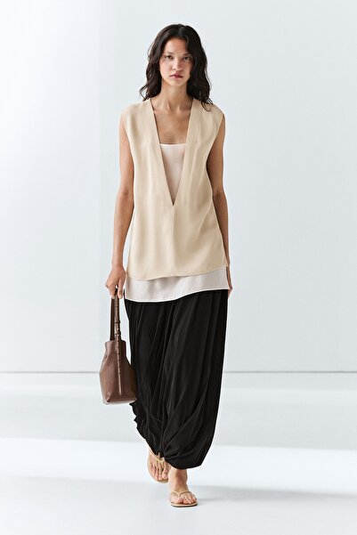 Massimo Dutti Kontrast detaylı çift katlı dökümlü t-shirt