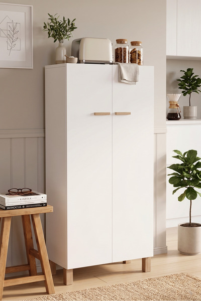 Yurudesign Oslo 2 Kapaklı 5 Raflı Ahşap Ayaklı Çok Amaçlı Mutfak Kiler Erzak ...