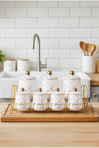 Vadi Marble Patterned Gold Detailed 7-Piece Porcelain Jar Set with Metal Stand