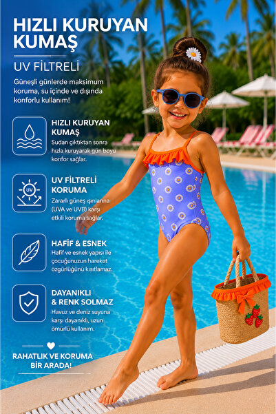 RUKİYE YAVUZ Pamuk Pazen Kız Çocuk UV Korumalı Fırfırlı Mayo Papaya Desenli A...