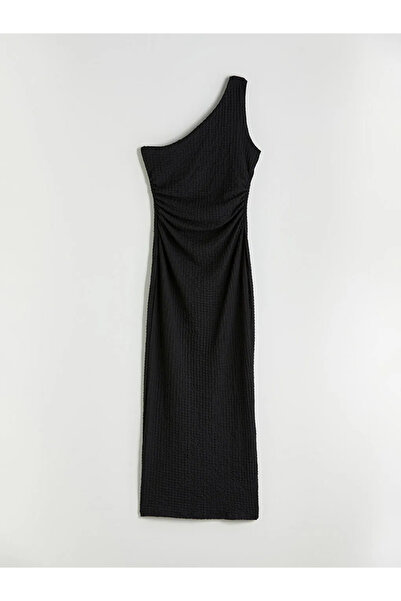 LC Waikiki Black One Shoulder Shirred Dress