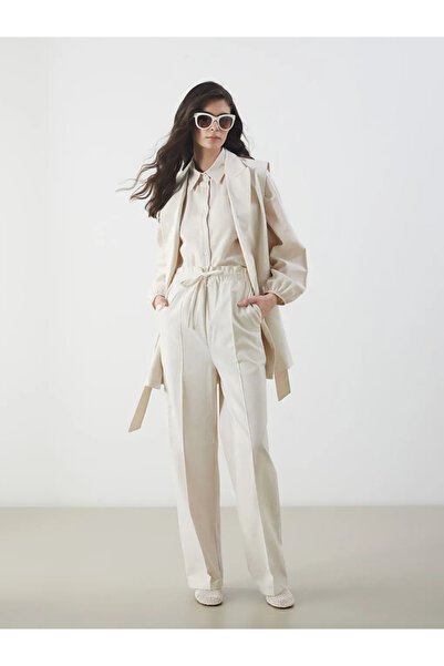 LC Waikiki Ecru Elastic Waist Linen Mixed Women's Trousers