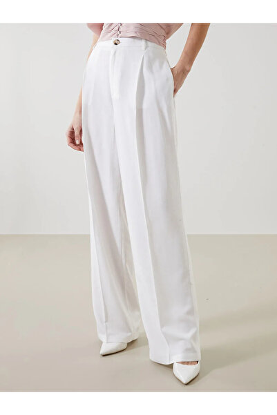 LC Waikiki White Loose Fit Linen Blended Women's Trousers