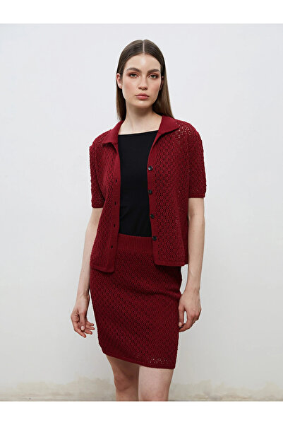 LC Waikiki Burgundy Shirt Collar Openwork Women's Knitwear Cardigan