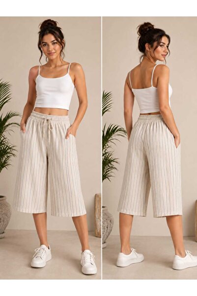 Niora Moda Beli Lastikli Bağcıklı Çizgili Keten Kapri