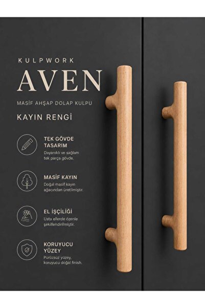 Kulpwork Aven Kayın Renk Masif Ahşap Mobilya Mutfak Dolap ve Çekmece Kulpu Na...