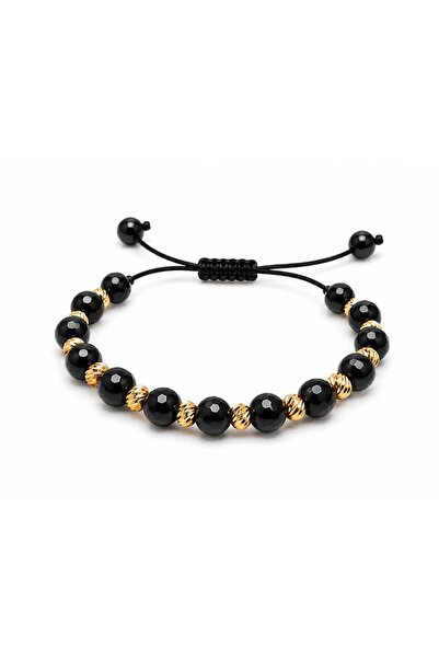 Aur 585 Brățară unisex reglabilă pe șnur negru cu onix și aur galben 14K, 1,20 g