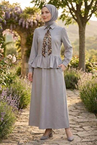 TOFİSA Tie Detailed Skirt Suit Gray - 2132-Gri
