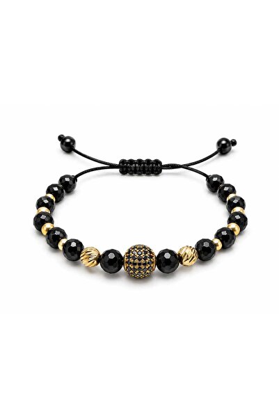 Aur 585 Brățară unisex reglabilă pe șnur negru cu onix și aur galben 14k, cu ...