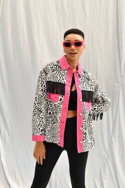 Sep Butik Zebra Patterned Tassel Pink Jacket with Sleeve Pockets and Stones o...
