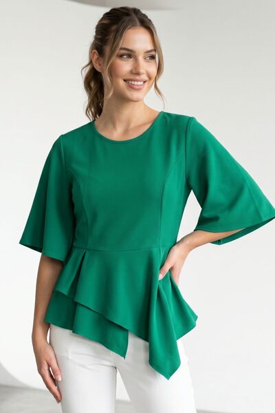 Maya Butik Yeşil Sıfır Yaka Kollar Volanlı Peplum Bluz - 21948
