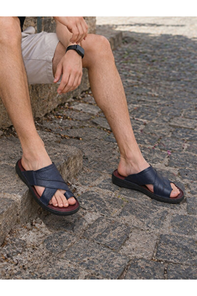 Ayakkabı Vakti Men's Genuine Leather Slippers with Toe Loop, Cross Straps, So...
