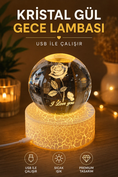 BENT Kristal Gül Gece Lambası USB Bağlantılı Dekoratif Masa Lambası 3D Cam Kü...