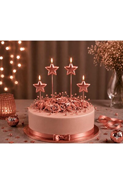 Parti Dükkanı Rose Gold Yıldız Şekilli Pasta Mumu 4 Adet Saplı Doğum Günü Mum...