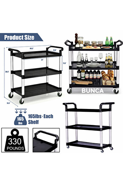 BUNCA 🛒 3-Tier Rolling Utility Cart with Wheels for Restaurants, Offices, Ho...