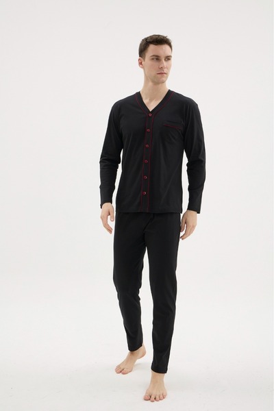 DÜVEN Cotton Men's Pajama Set with Buttoned Design for Easy Use at Home and i...