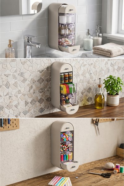 BeeQuin Mink Color Special Design, 5 Drawers, Leak-Proof, Spoon Holder, Spice Rack Set, Wall Organizer, Self-Adhesive and Stoppered Kitchen