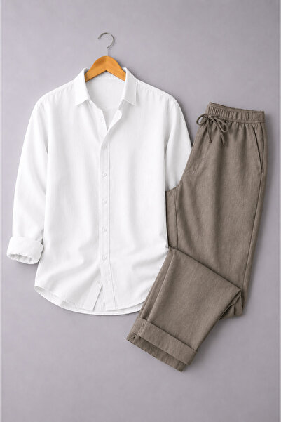 beuivo Men's Linen Textured Oversize Shirt & Sofia Linen Loose Fit Trousers C...