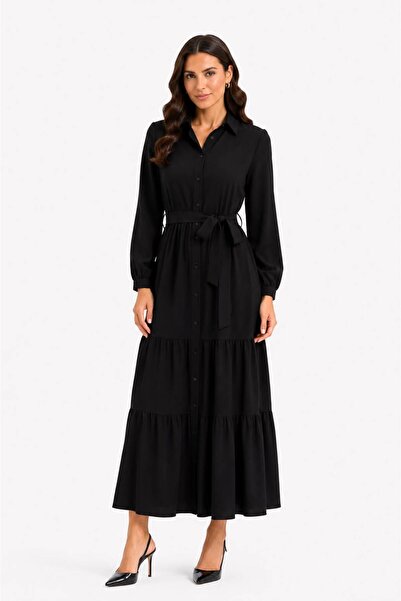 PAYİNİ Shirt Dress with Belt Maxi Length Long Sleeved Dress